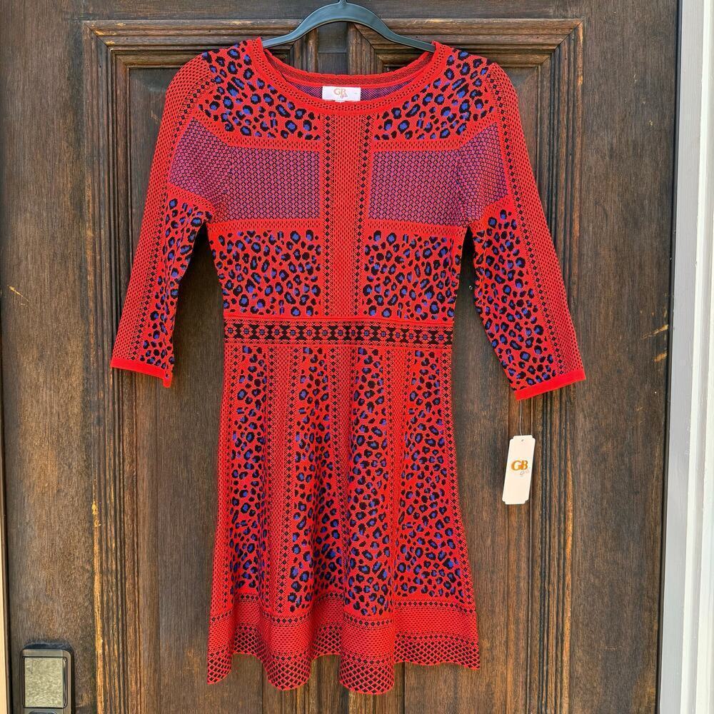 NWT GB Girls Red Leopard Print Knit Dress Sz L (12/14) - Picture 2 of 5